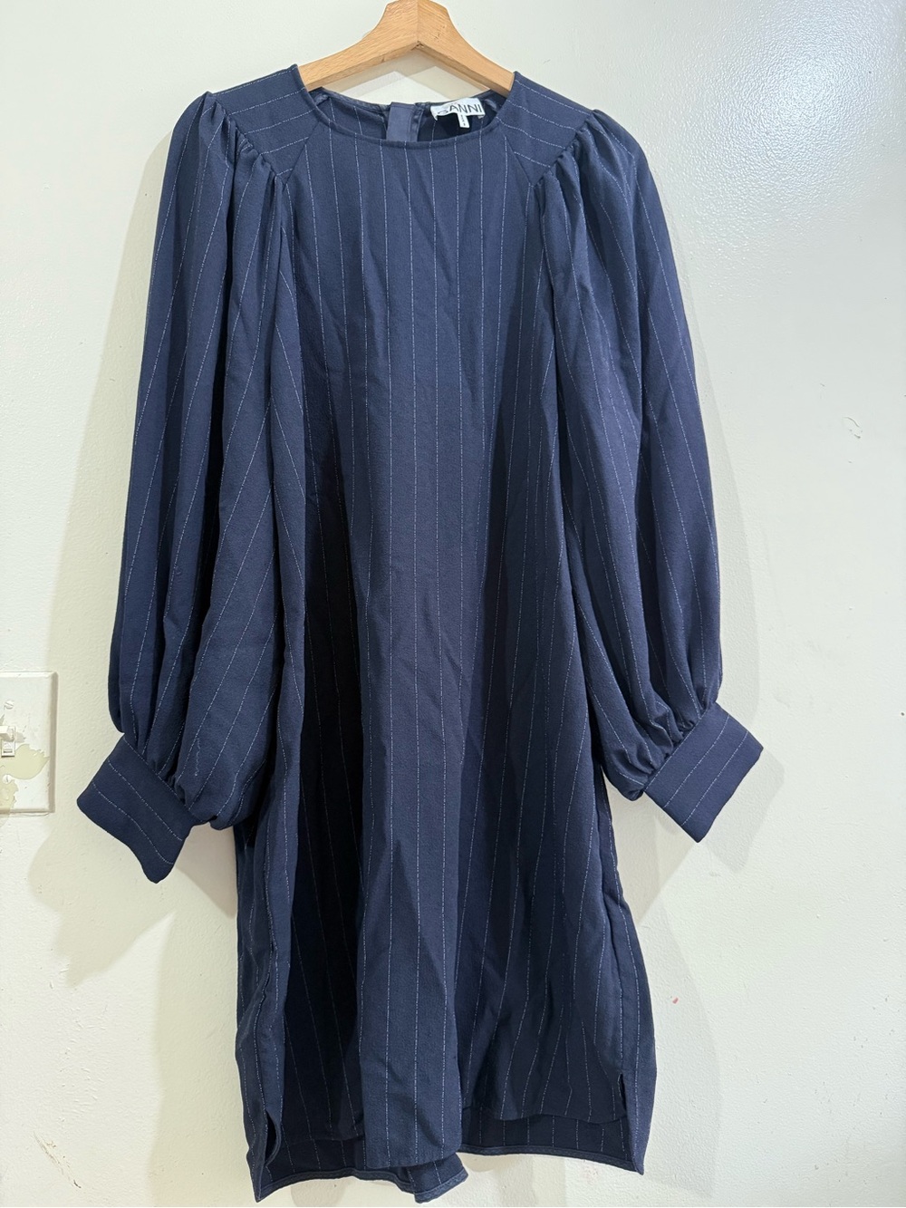 Ganni Navy Pinstripe Long-Sleeve Balloon-Sleeve Shift Dress